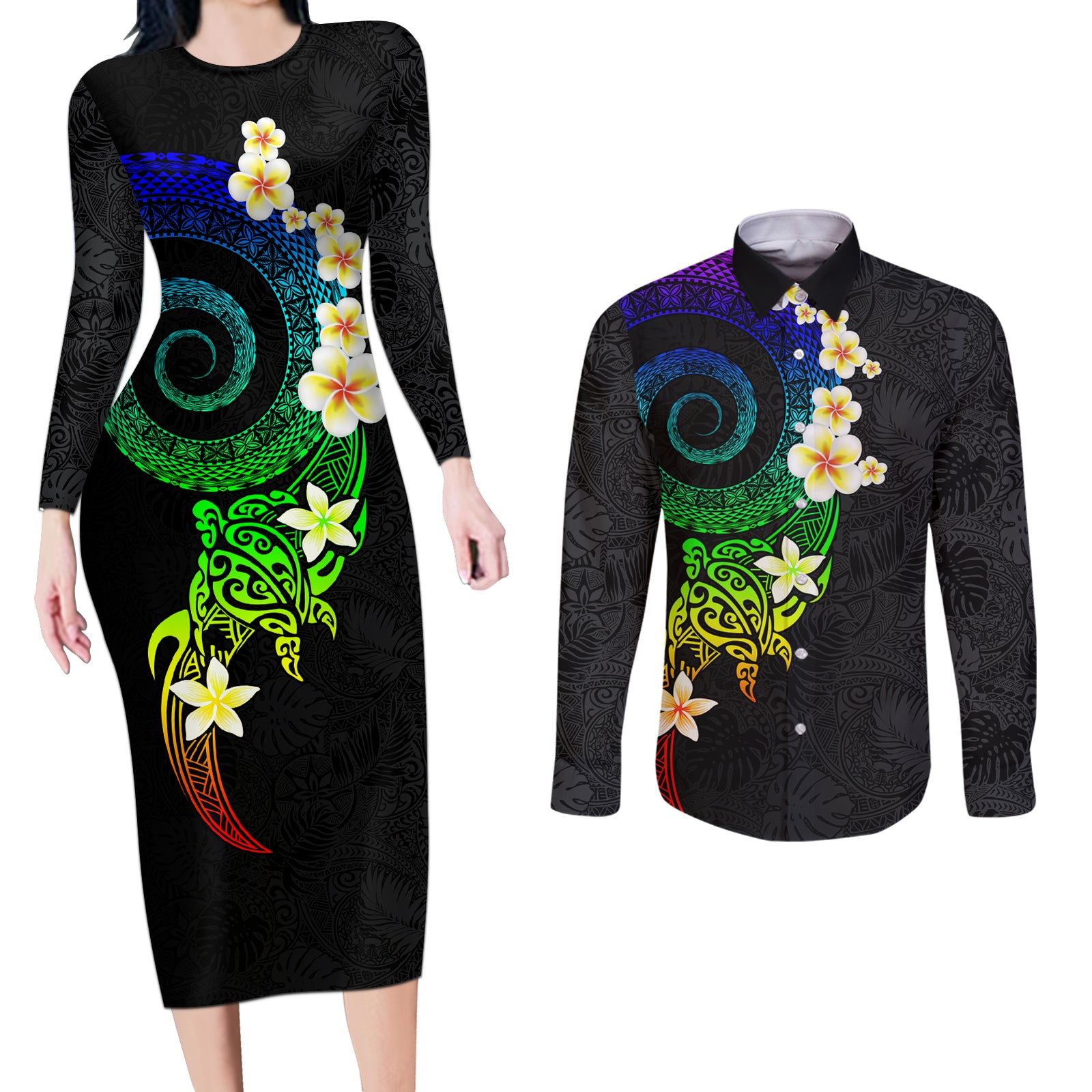 Polynesian Spiral Tribal Tattoo Couples Matching Long Sleeve Bodycon Dress and Long Sleeve Button Shirt Fanciful Color