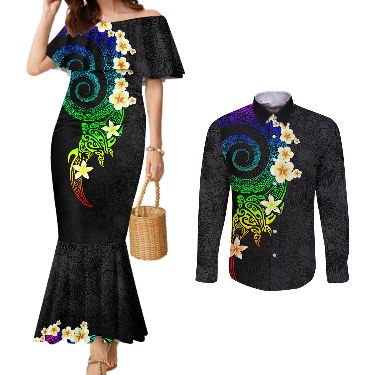 Polynesian Spiral Tribal Tattoo Couples Matching Mermaid Dress and Long Sleeve Button Shirt Fanciful Color