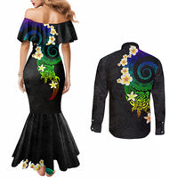 Polynesian Spiral Tribal Tattoo Couples Matching Mermaid Dress and Long Sleeve Button Shirt Fanciful Color
