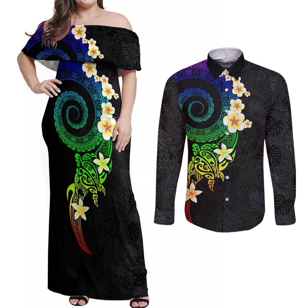 Polynesian Spiral Tribal Tattoo Couples Matching Off Shoulder Maxi Dress and Long Sleeve Button Shirt Fanciful Color