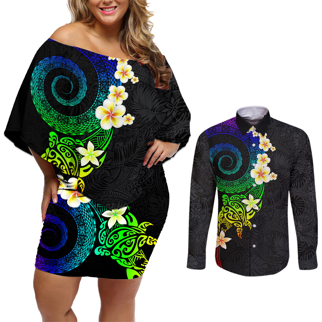 Polynesian Spiral Tribal Tattoo Couples Matching Off Shoulder Short Dress and Long Sleeve Button Shirt Fanciful Color