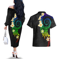 Polynesian Spiral Tribal Tattoo Couples Matching Off The Shoulder Long Sleeve Dress and Hawaiian Shirt Fanciful Color