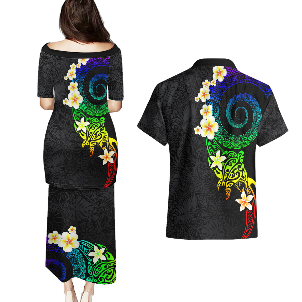 Polynesian Spiral Tribal Tattoo Couples Matching Puletasi and Hawaiian Shirt Fanciful Color