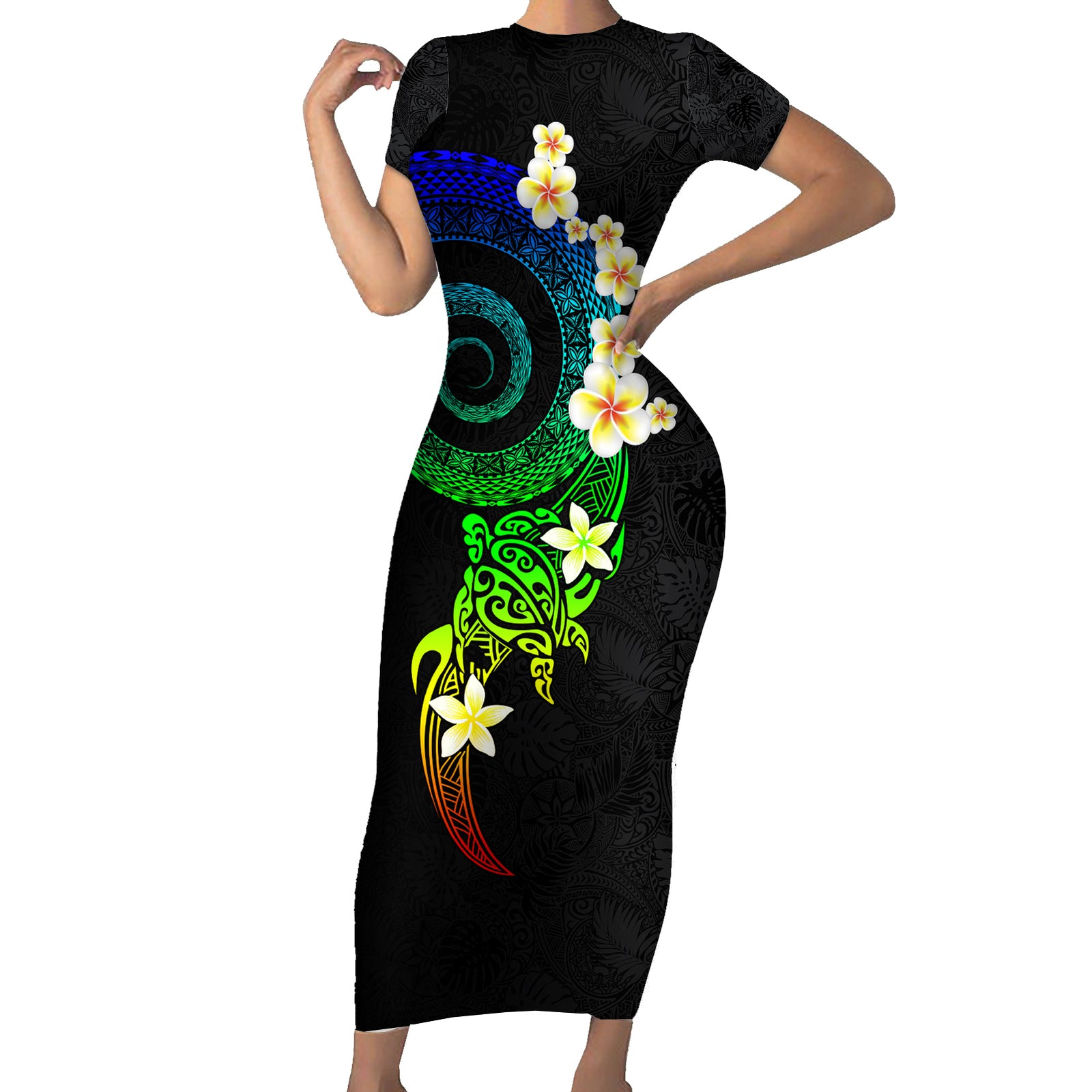 Polynesian Spiral Tribal Tattoo Short Sleeve Bodycon Dress Fanciful Color LT03 Long Dress Black - Polynesian Pride