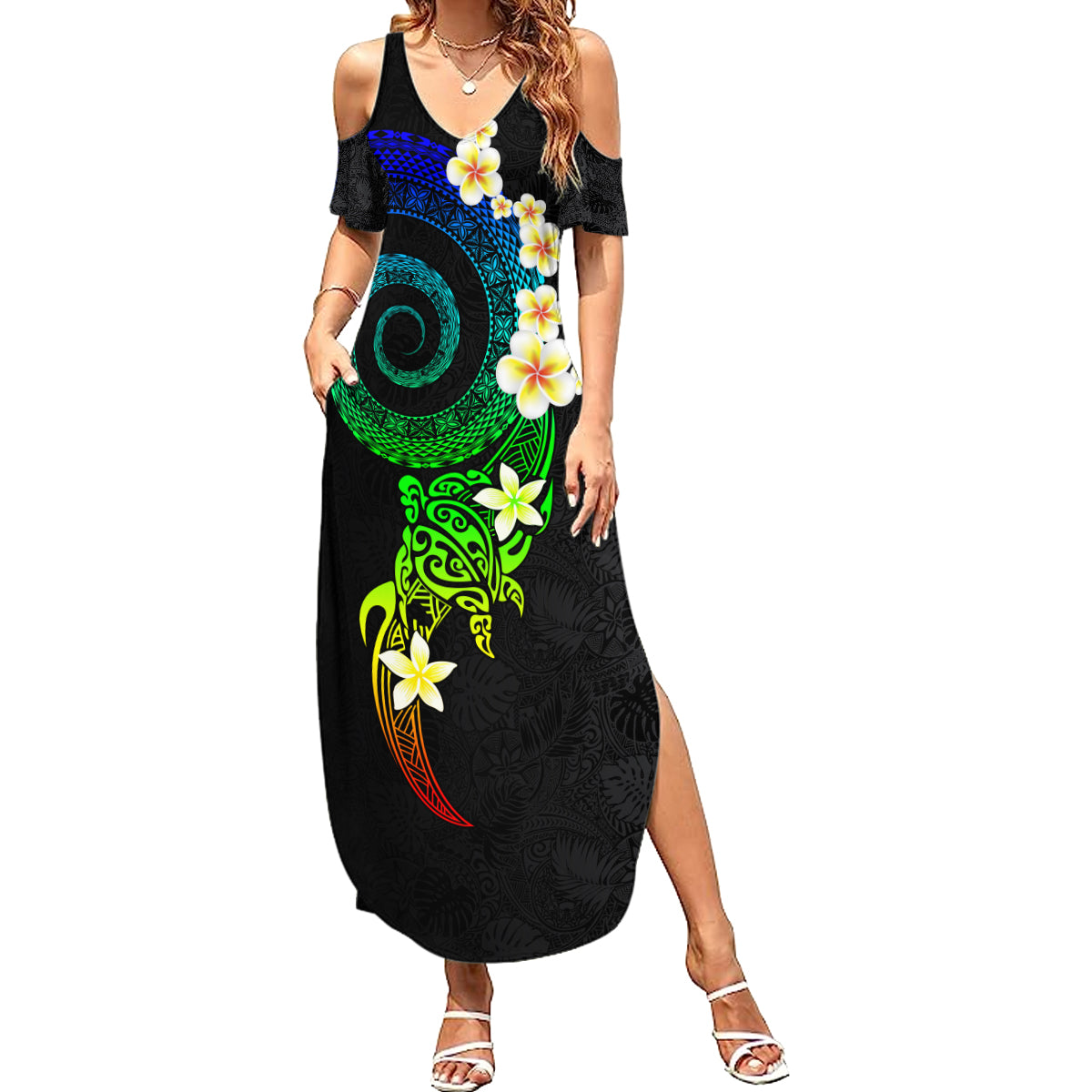 Polynesian Spiral Tribal Tattoo Summer Maxi Dress Fanciful Color