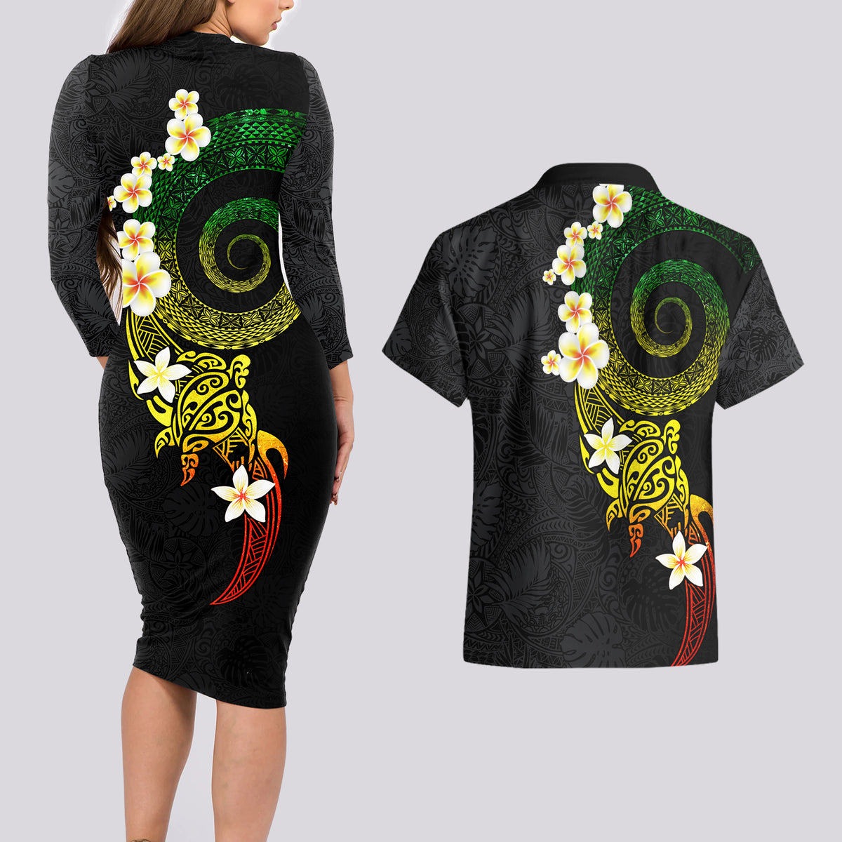 Polynesian Spiral Tribal Tattoo Couples Matching Long Sleeve Bodycon Dress and Hawaiian Shirt Reggae Color LT03 - Polynesian Pride