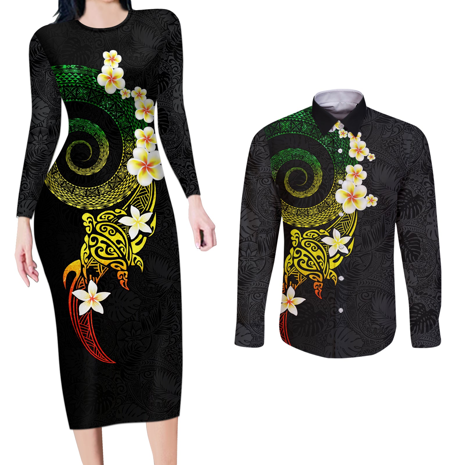 Polynesian Spiral Tribal Tattoo Couples Matching Long Sleeve Bodycon Dress and Long Sleeve Button Shirt Reggae Color