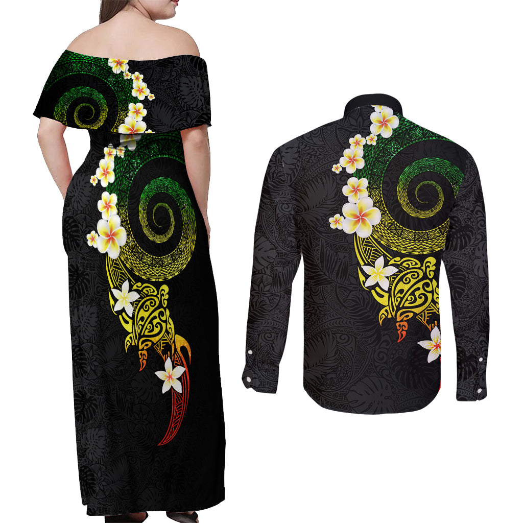 Polynesian Spiral Tribal Tattoo Couples Matching Off Shoulder Maxi Dress and Long Sleeve Button Shirt Reggae Color