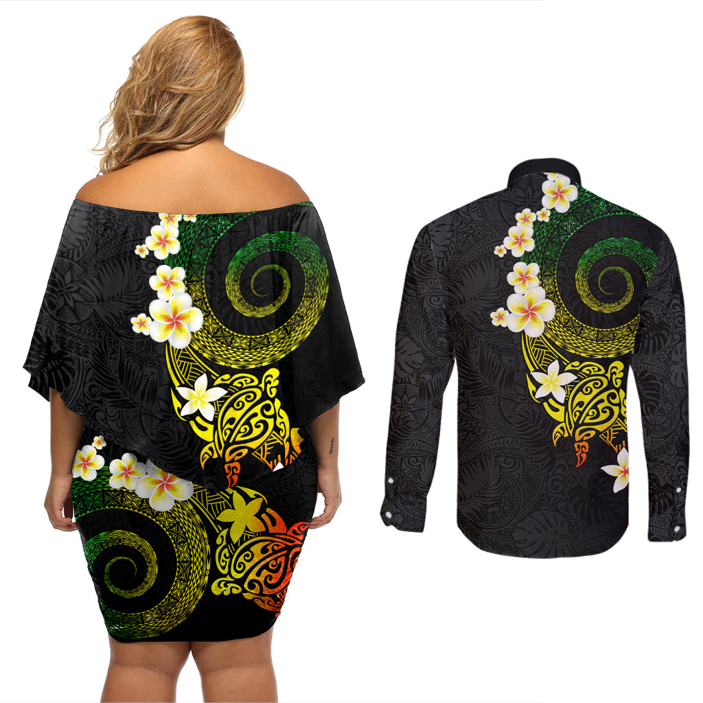 Polynesian Spiral Tribal Tattoo Couples Matching Off Shoulder Short Dress and Long Sleeve Button Shirt Reggae Color
