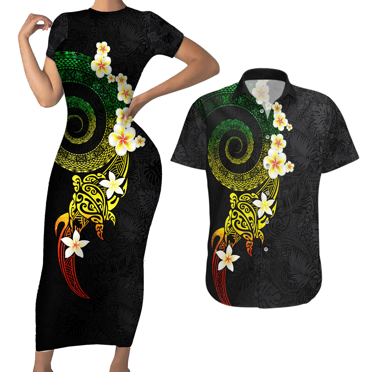 Polynesian Spiral Tribal Tattoo Couples Matching Short Sleeve Bodycon Dress and Hawaiian Shirt Reggae Color LT03 Reggae - Polynesian Pride