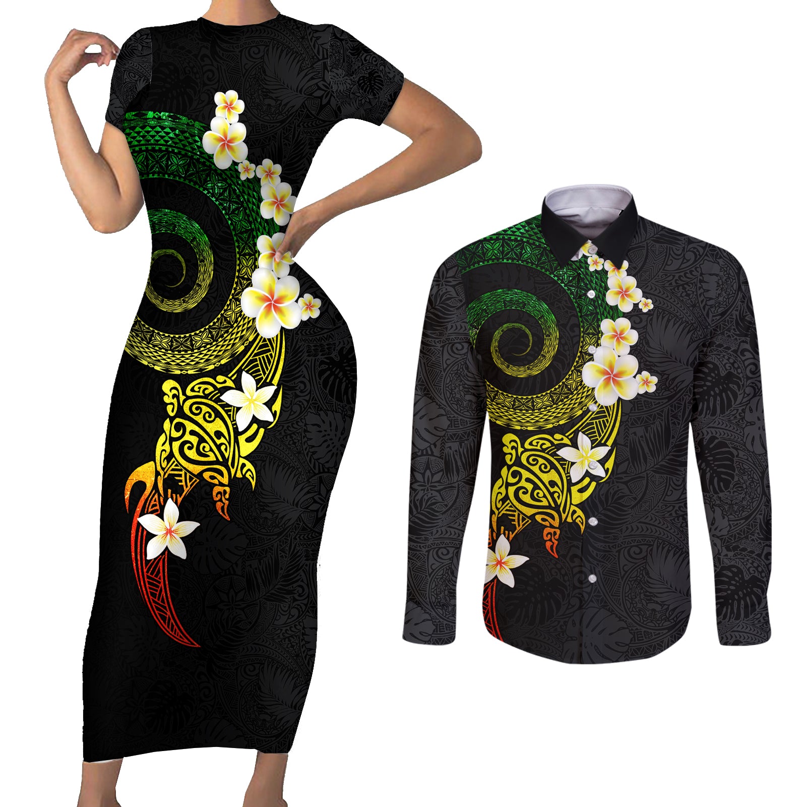 Polynesian Spiral Tribal Tattoo Couples Matching Short Sleeve Bodycon Dress and Long Sleeve Button Shirt Reggae Color