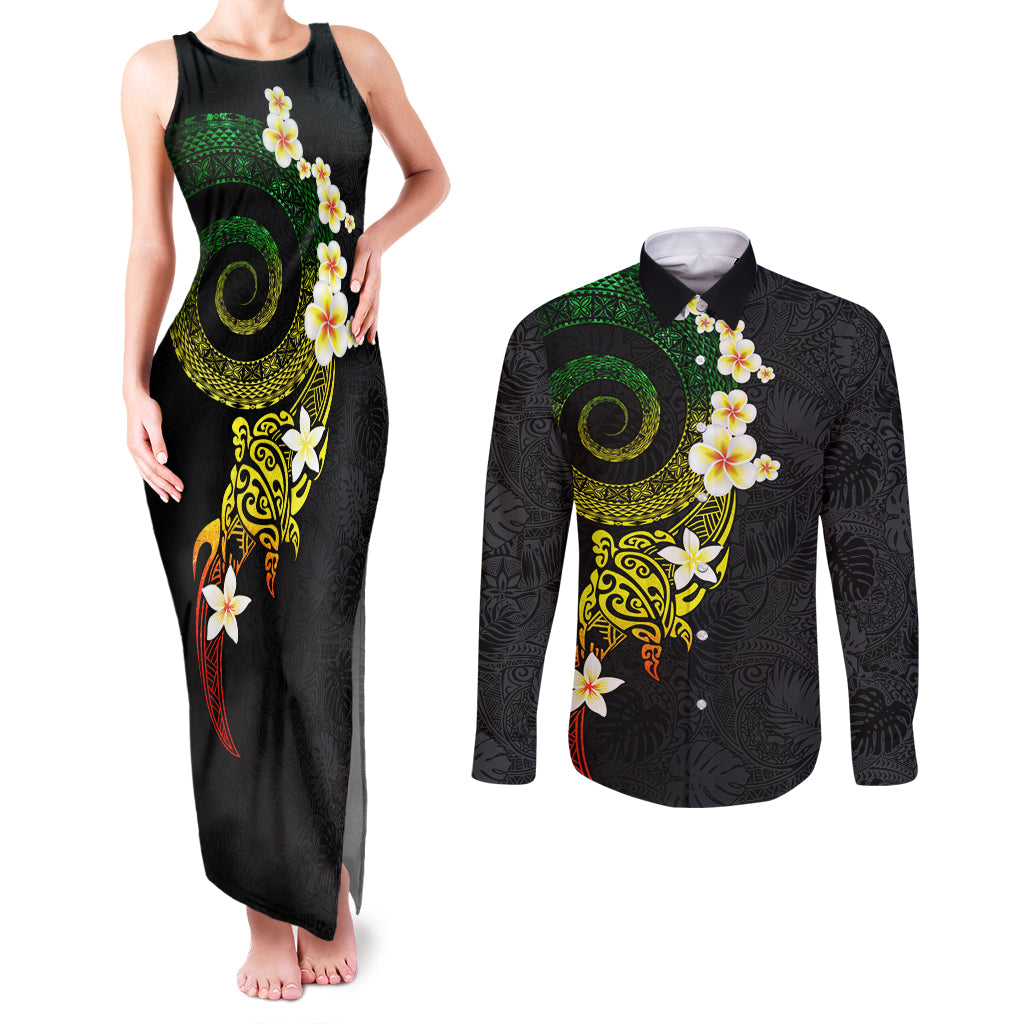 Polynesian Spiral Tribal Tattoo Couples Matching Tank Maxi Dress and Long Sleeve Button Shirt Reggae Color