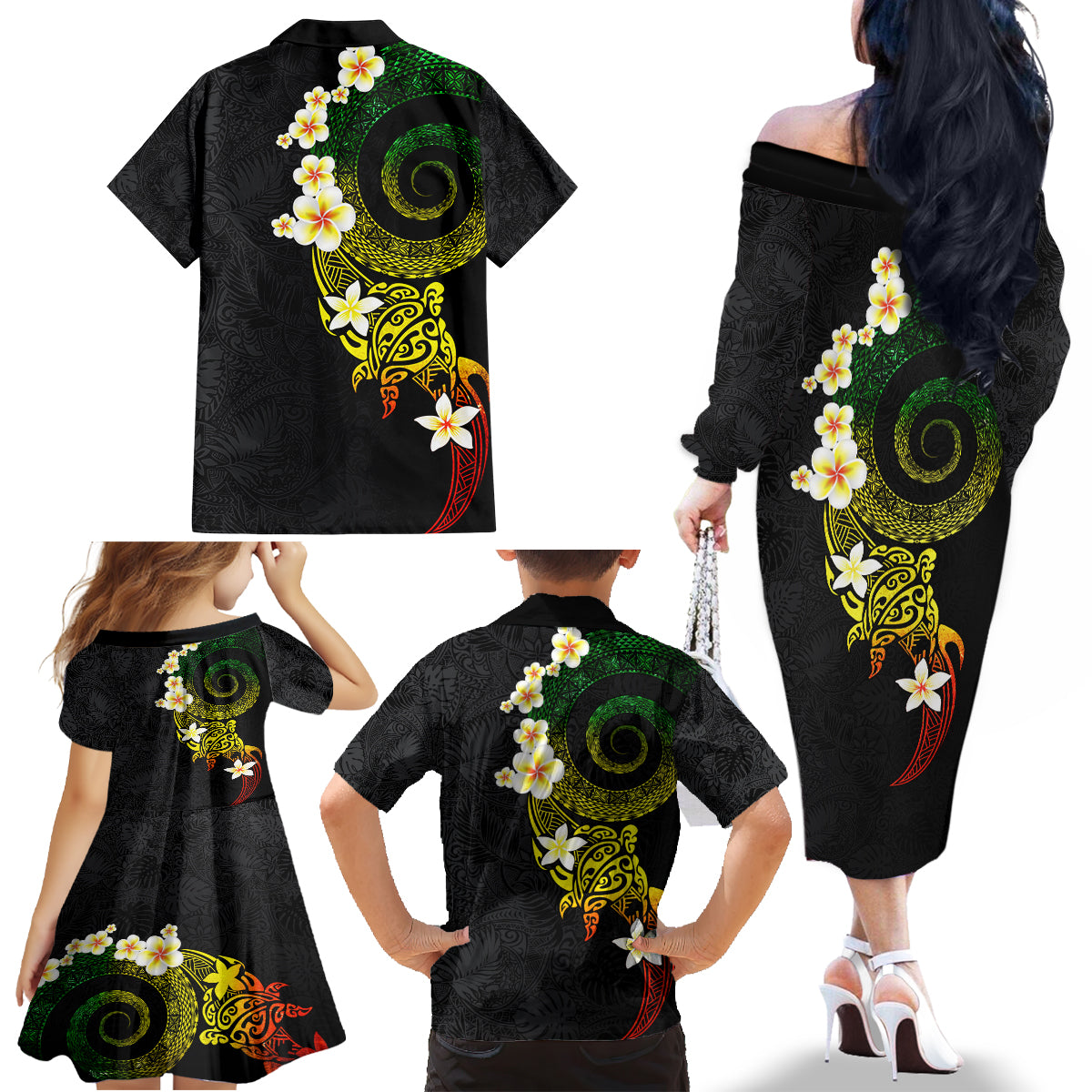 Polynesian Spiral Tribal Tattoo Family Matching Off The Shoulder Long Sleeve Dress and Hawaiian Shirt Reggae Color