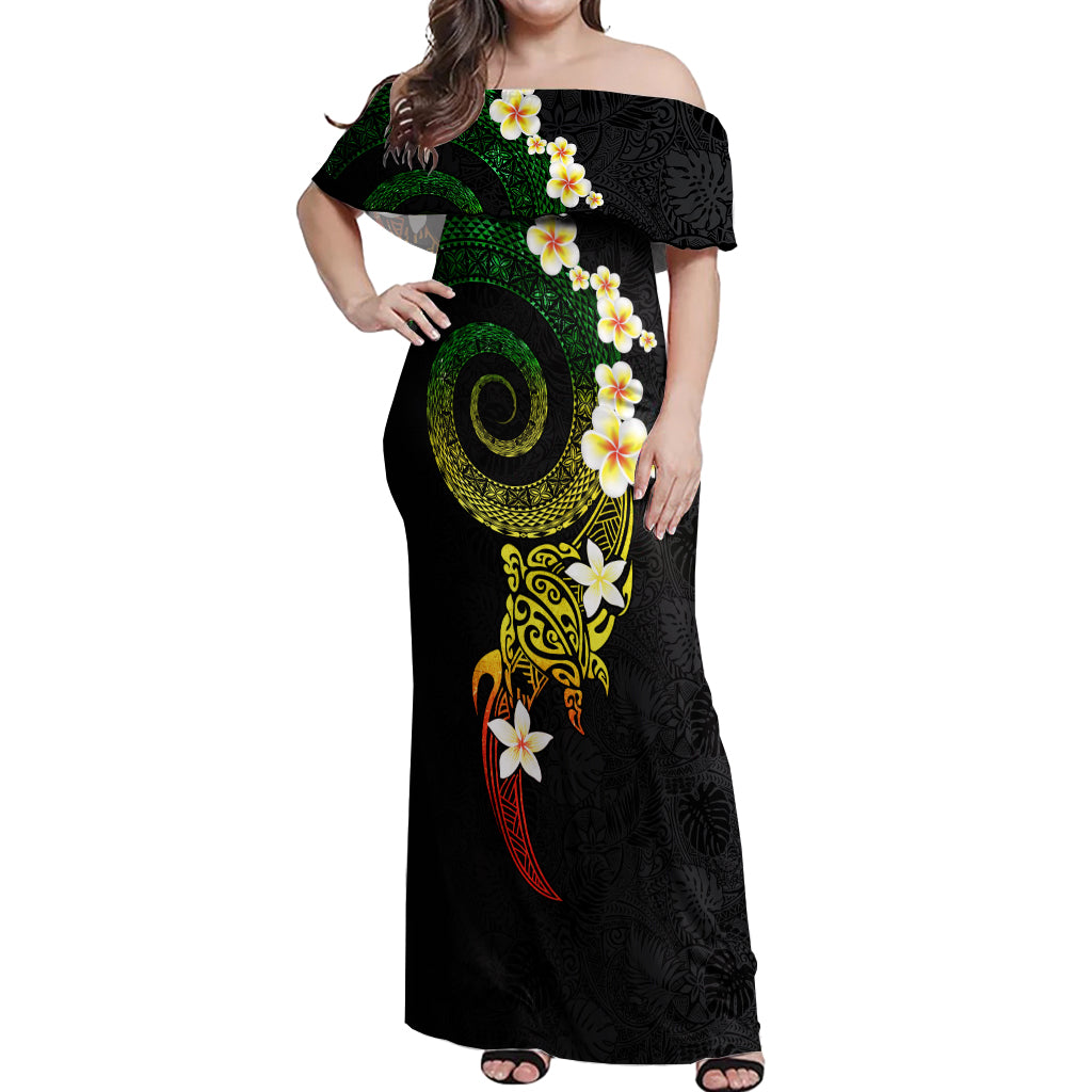 Polynesian Spiral Tribal Tattoo Off Shoulder Maxi Dress Reggae Color