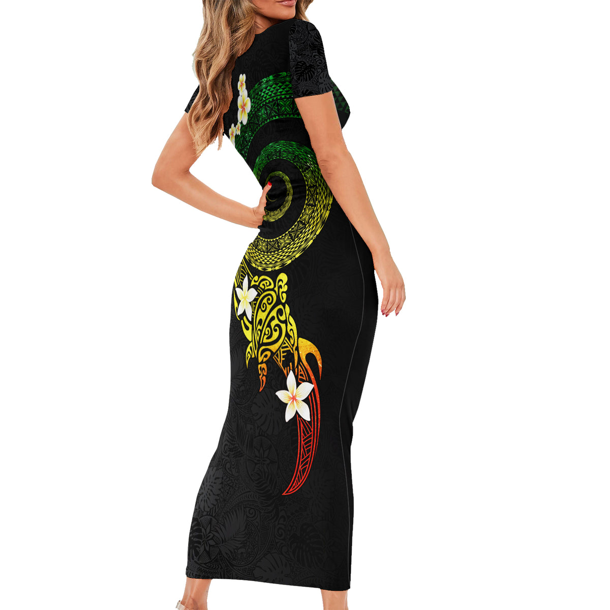 Polynesian Spiral Tribal Tattoo Short Sleeve Bodycon Dress Reggae Color