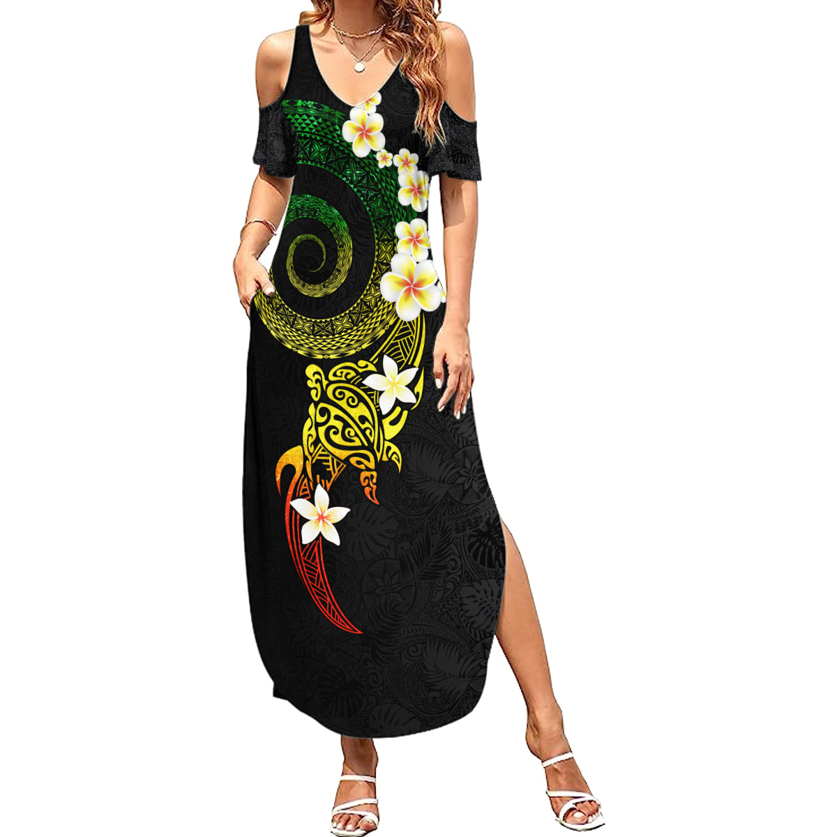 Polynesian Spiral Tribal Tattoo Summer Maxi Dress Reggae Color