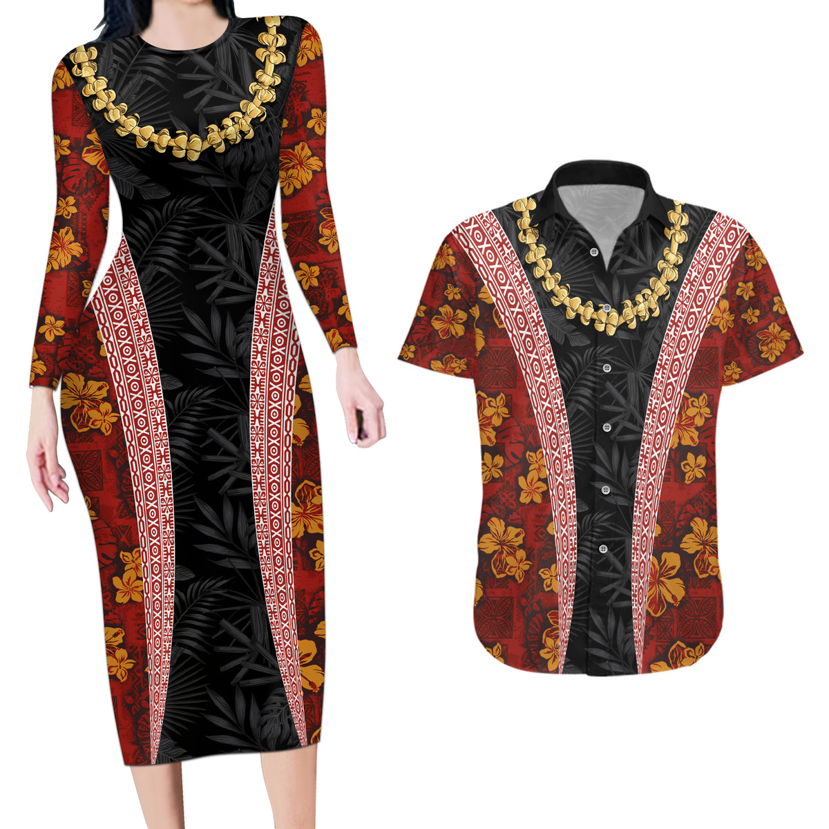 Hawaii Lei and Hibiscus Flowers Tribal Couples Matching Long Sleeve Bodycon Dress and Hawaiian Shirt Patchwork Abstract Vintage LT03 Red - Polynesian Pride