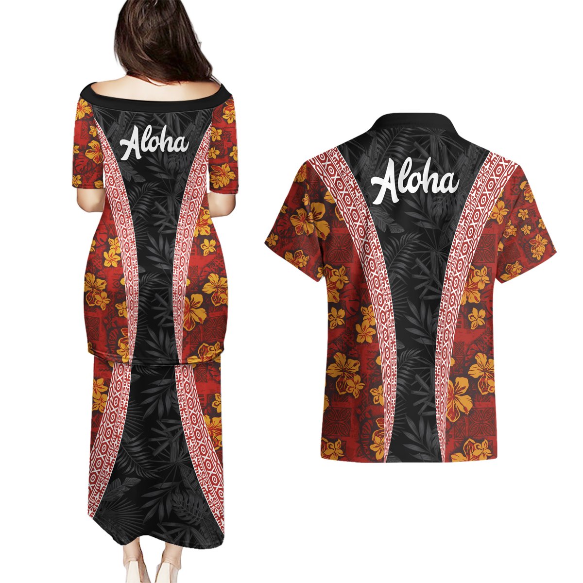 Hawaii Lei and Hibiscus Flowers Tribal Couples Matching Puletasi and Hawaiian Shirt Patchwork Abstract Vintage
