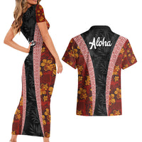 Hawaii Lei and Hibiscus Flowers Tribal Couples Matching Short Sleeve Bodycon Dress and Hawaiian Shirt Patchwork Abstract Vintage LT03 - Polynesian Pride