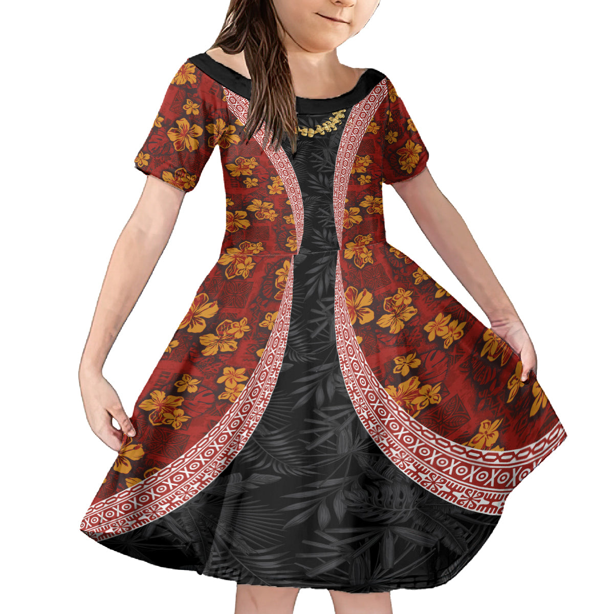 Hawaii Lei and Hibiscus Flowers Tribal Family Matching Long Sleeve Bodycon Dress and Hawaiian Shirt Patchwork Abstract Vintage LT03 Daughter's Dress Red - Polynesian Pride