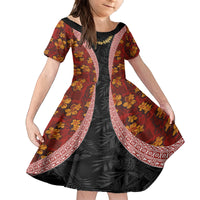 Hawaii Lei and Hibiscus Flowers Tribal Family Matching Long Sleeve Bodycon Dress and Hawaiian Shirt Patchwork Abstract Vintage LT03 Daughter's Dress Red - Polynesian Pride