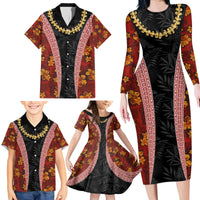 Hawaii Lei and Hibiscus Flowers Tribal Family Matching Long Sleeve Bodycon Dress and Hawaiian Shirt Patchwork Abstract Vintage LT03 - Polynesian Pride