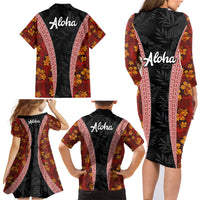 Hawaii Lei and Hibiscus Flowers Tribal Family Matching Long Sleeve Bodycon Dress and Hawaiian Shirt Patchwork Abstract Vintage LT03 - Polynesian Pride