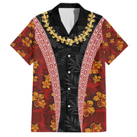 Hawaii Lei and Hibiscus Flowers Tribal Family Matching Long Sleeve Bodycon Dress and Hawaiian Shirt Patchwork Abstract Vintage LT03 Dad's Shirt - Short Sleeve Red - Polynesian Pride