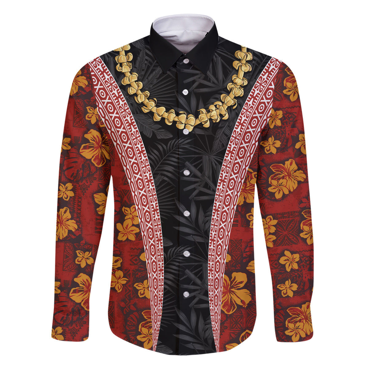 Hawaii Lei and Hibiscus Flowers Tribal Family Matching Long Sleeve Bodycon Dress and Hawaiian Shirt Patchwork Abstract Vintage LT03 Dad's Shirt - Long Sleeve Red - Polynesian Pride