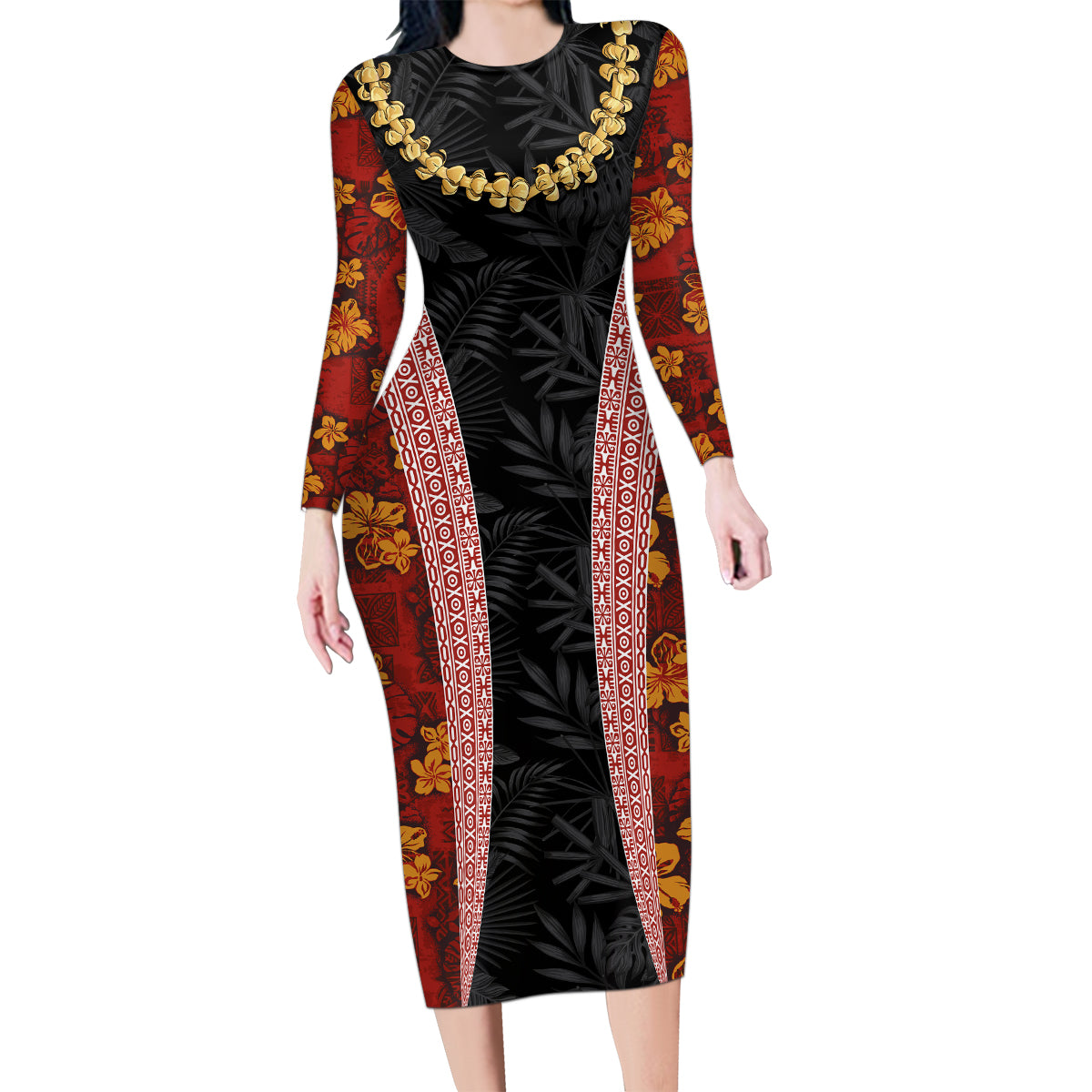 Hawaii Lei and Hibiscus Flowers Tribal Family Matching Long Sleeve Bodycon Dress and Hawaiian Shirt Patchwork Abstract Vintage LT03 Mom's Dress Red - Polynesian Pride