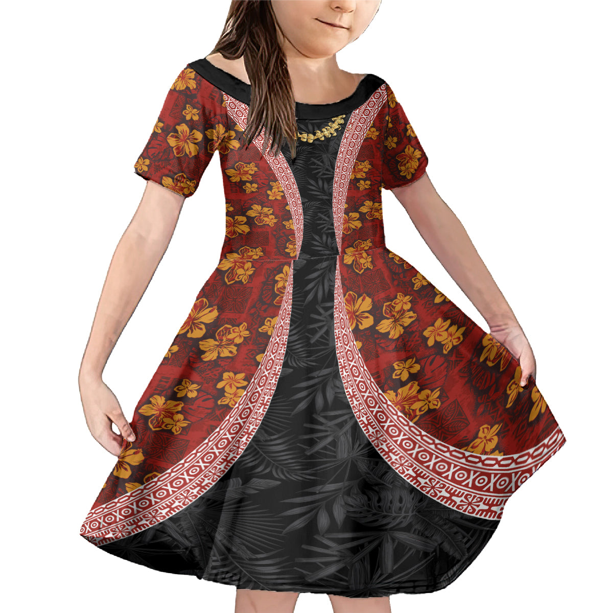 Hawaii Lei and Hibiscus Flowers Tribal Family Matching Mermaid Dress and Hawaiian Shirt Patchwork Abstract Vintage LT03 Daughter's Dress Red - Polynesian Pride