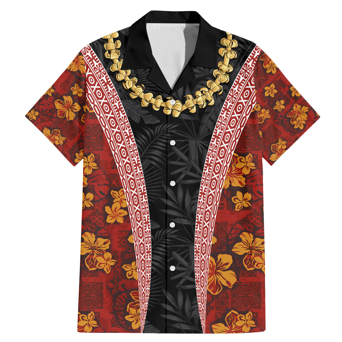 Hawaii Lei and Hibiscus Flowers Tribal Family Matching Mermaid Dress and Hawaiian Shirt Patchwork Abstract Vintage LT03 Dad's Shirt - Short Sleeve Red - Polynesian Pride