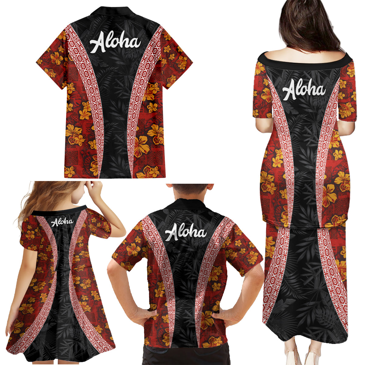 Hawaii Lei and Hibiscus Flowers Tribal Family Matching Puletasi and Hawaiian Shirt Patchwork Abstract Vintage LT03 - Polynesian Pride