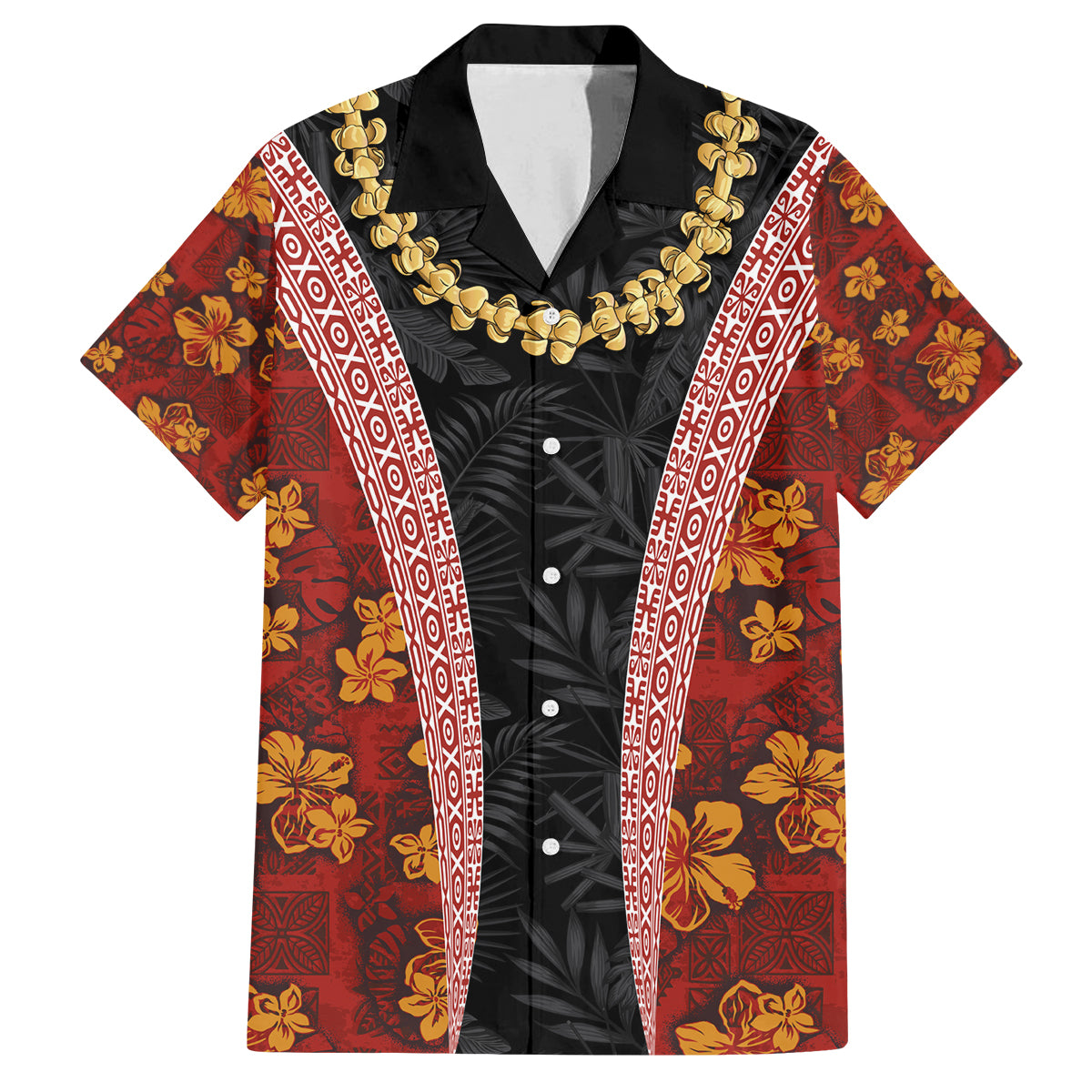 Hawaii Lei and Hibiscus Flowers Tribal Family Matching Puletasi and Hawaiian Shirt Patchwork Abstract Vintage LT03 Dad's Shirt - Short Sleeve Red - Polynesian Pride