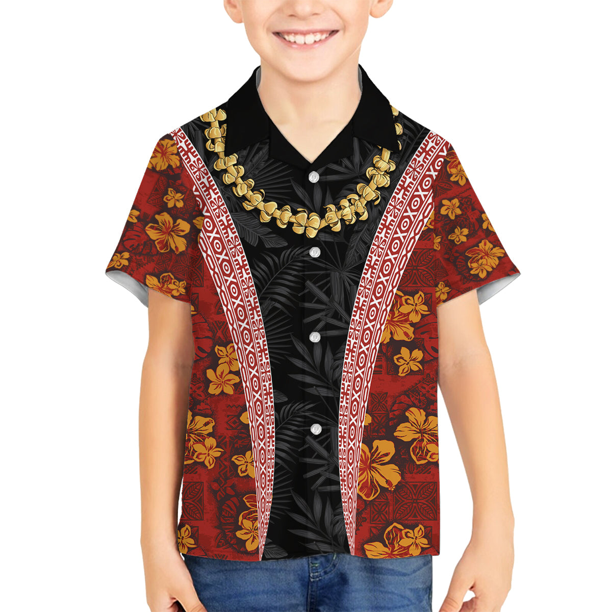 Hawaii Lei and Hibiscus Flowers Tribal Family Matching Puletasi and Hawaiian Shirt Patchwork Abstract Vintage LT03 Son's Shirt Red - Polynesian Pride
