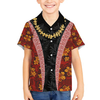 Hawaii Lei and Hibiscus Flowers Tribal Family Matching Puletasi and Hawaiian Shirt Patchwork Abstract Vintage LT03 Son's Shirt Red - Polynesian Pride