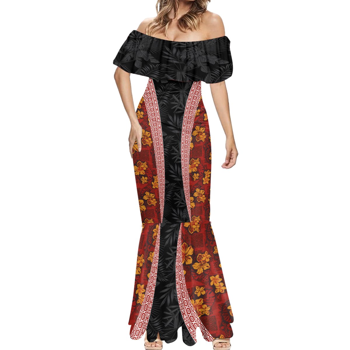 Hawaii Lei and Hibiscus Flowers Tribal Mermaid Dress Patchwork Abstract Vintage