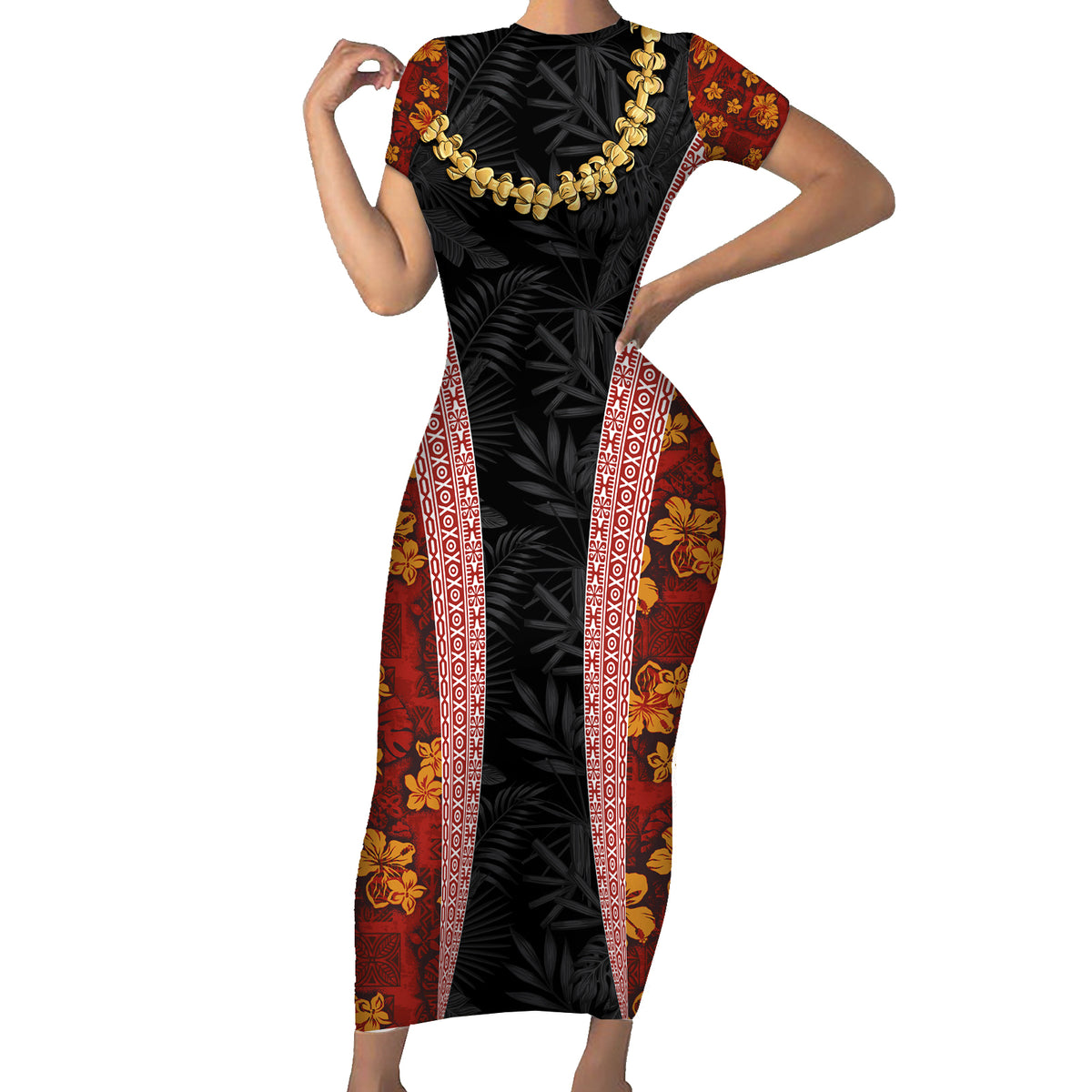 Hawaii Lei and Hibiscus Flowers Tribal Short Sleeve Bodycon Dress Patchwork Abstract Vintage