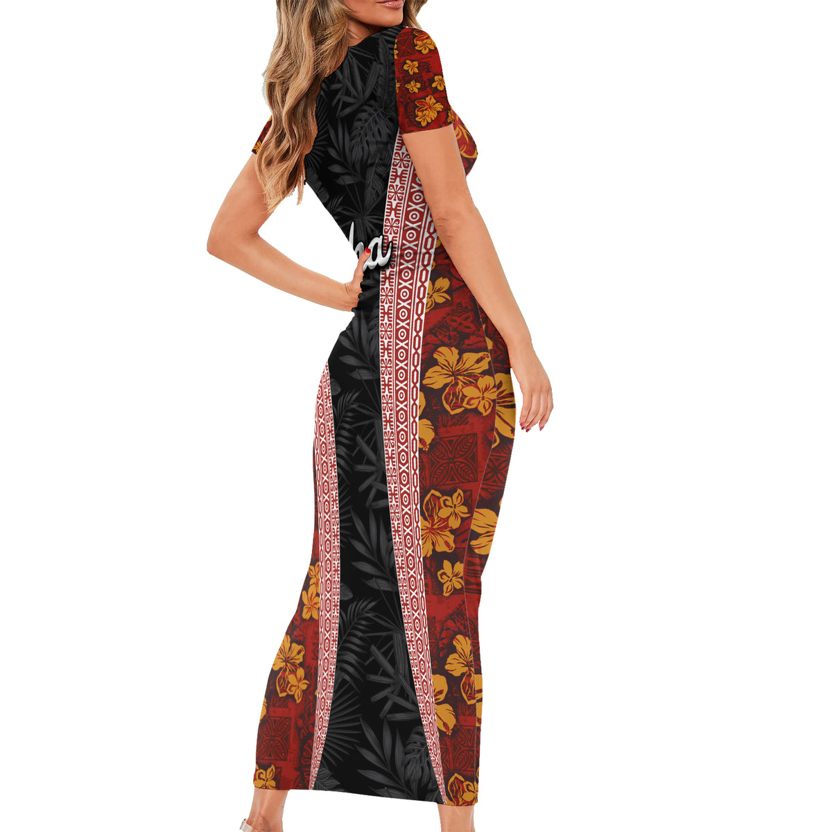 Hawaii Lei and Hibiscus Flowers Tribal Short Sleeve Bodycon Dress Patchwork Abstract Vintage