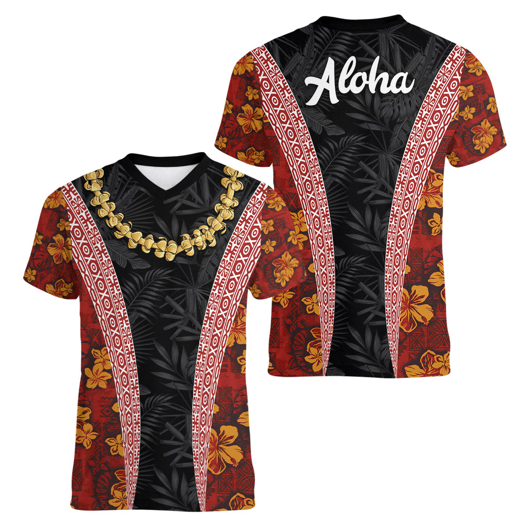 Hawaii Lei and Hibiscus Flowers Tribal Women V Neck T Shirt Patchwork Abstract Vintage