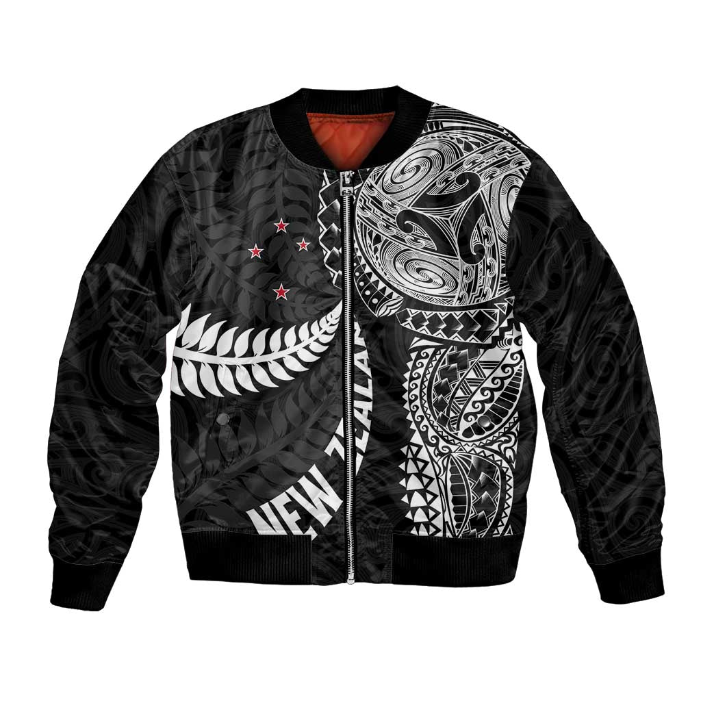 Aotearoa Volleyball Custom Bomber Jacket Silver Ferns and Maori Tribal Black