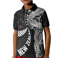 Aotearoa Volleyball Custom Kid Polo Shirt Silver Ferns and Maori Tribal Black