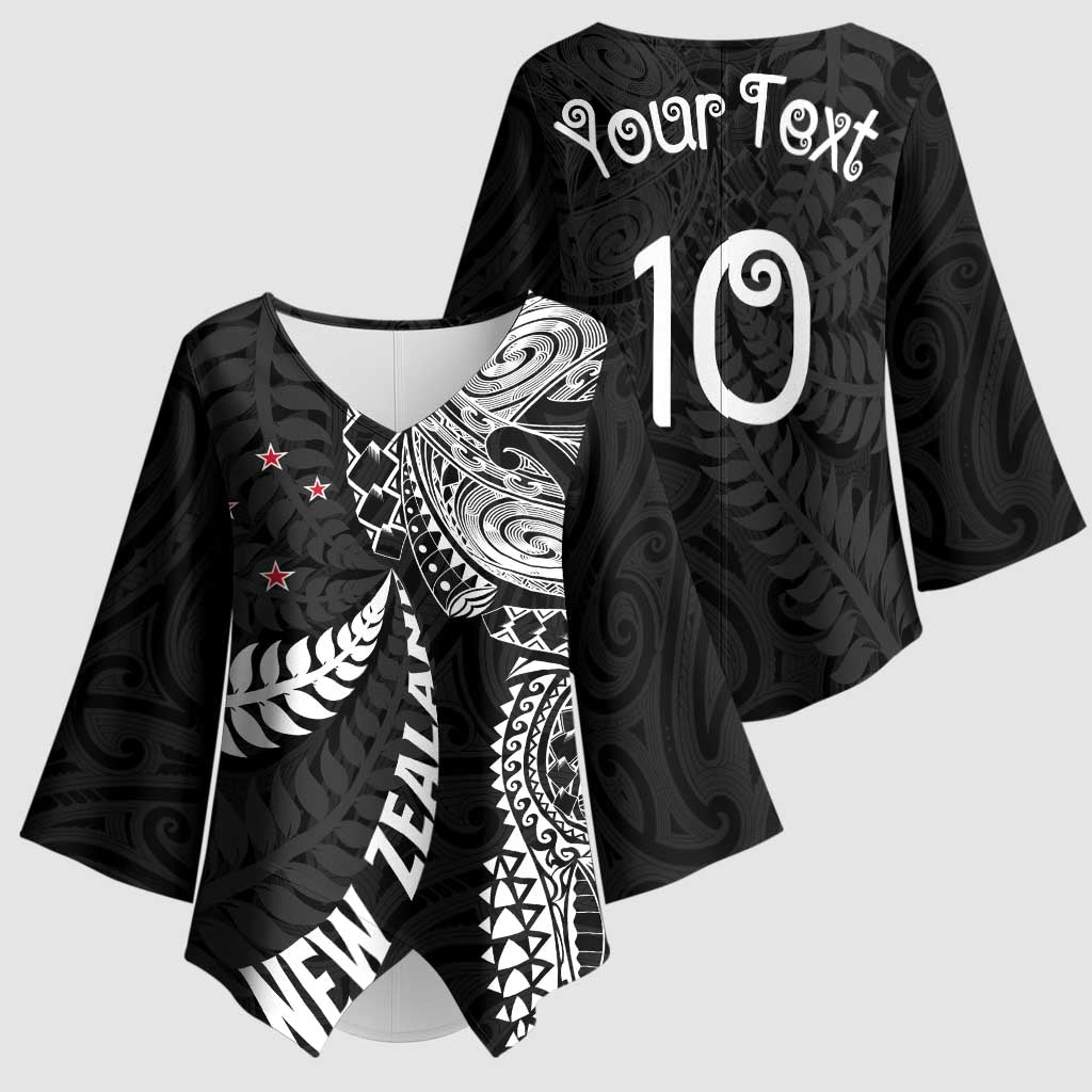 Aotearoa Volleyball Custom Kimono Sleeve Blouse Silver Ferns and Maori Tribal Black