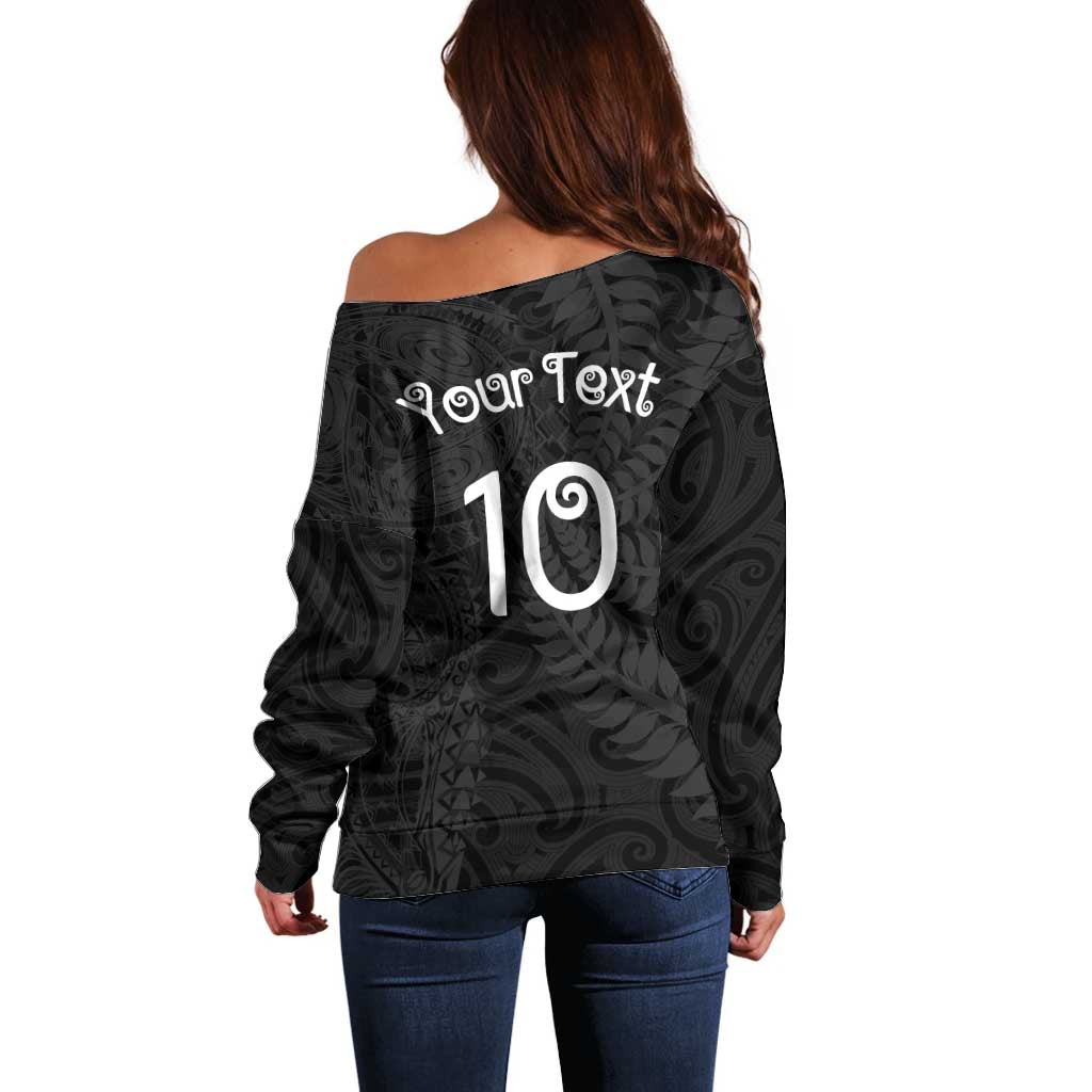 Aotearoa Volleyball Custom Off Shoulder Sweater Silver Ferns and Maori Tribal Black