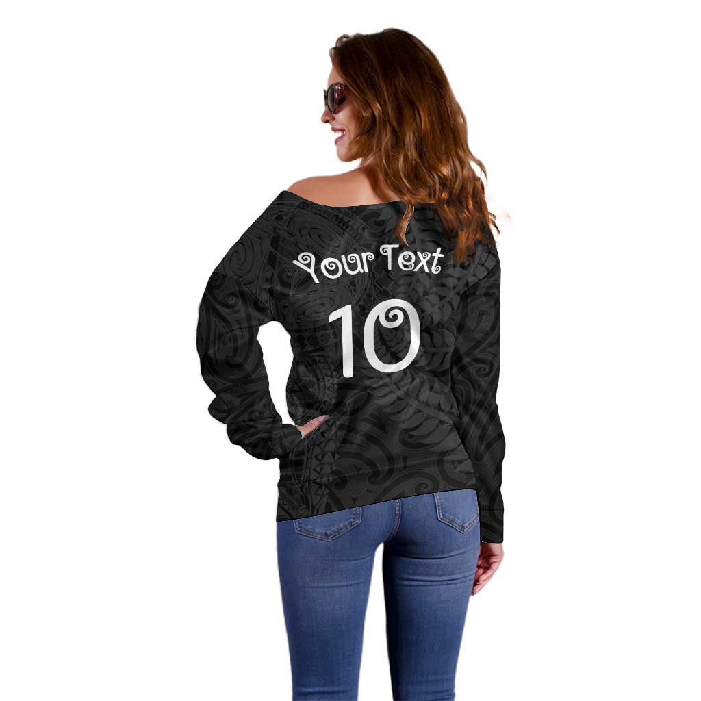 Aotearoa Volleyball Custom Off Shoulder Sweater Silver Ferns and Maori Tribal Black