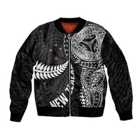 Aotearoa Volleyball Custom Sleeve Zip Bomber Jacket Silver Ferns and Maori Tribal Black