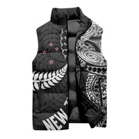 Aotearoa Volleyball Custom Sleeveless Puffer Jacket Silver Ferns and Maori Tribal Black