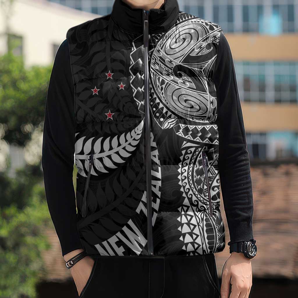 Aotearoa Volleyball Custom Sleeveless Puffer Jacket Silver Ferns and Maori Tribal Black