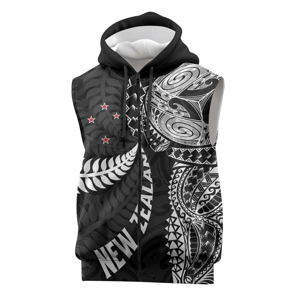 Aotearoa Volleyball Custom Sleeveless Zip Hoodie Silver Ferns and Maori Tribal Black