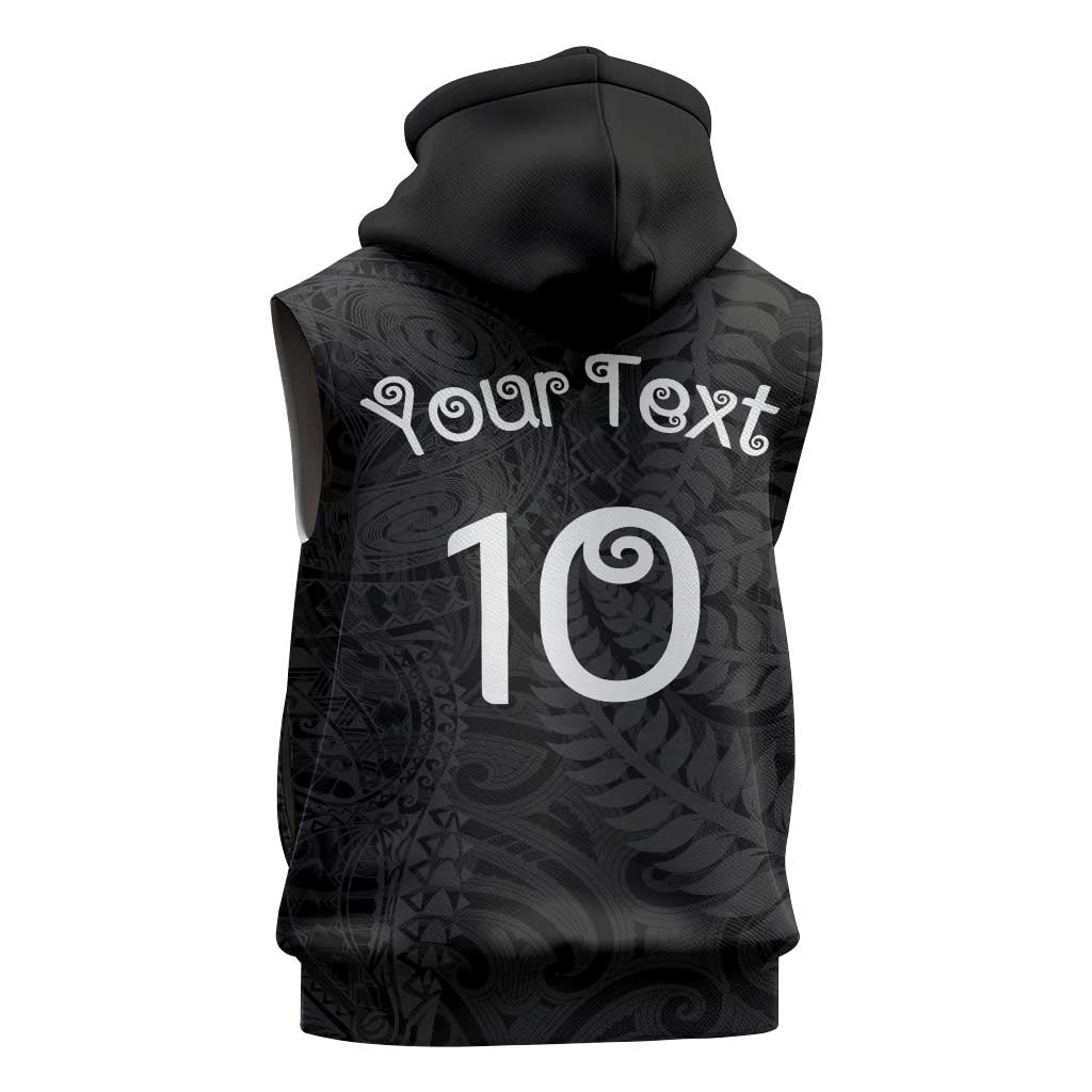 Aotearoa Volleyball Custom Sleeveless Zip Hoodie Silver Ferns and Maori Tribal Black